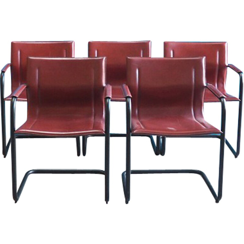Set of 5 Italian dining chairs in red leather and black metal - 1970s