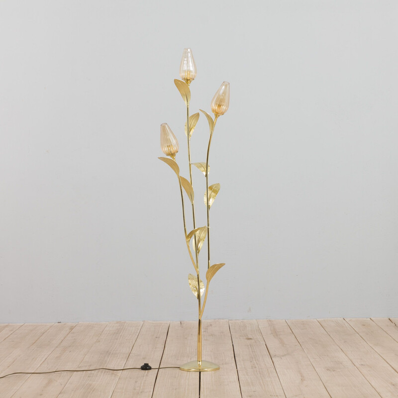 Italian vintage floral brass floor lamp, 1970-1980s