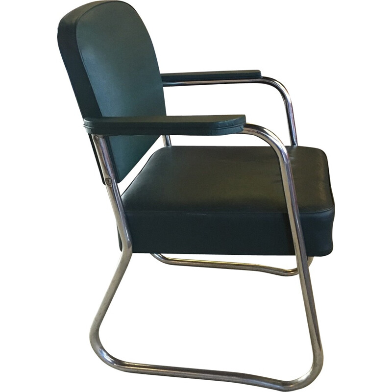 Chaise en métal chromé et cuir vert - 1950