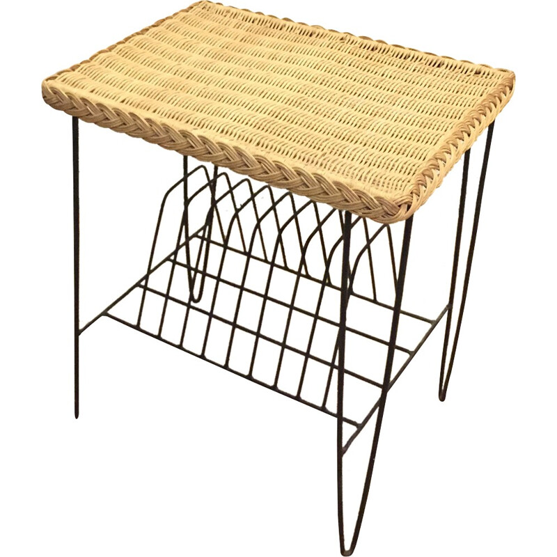 Mid-century rattan and metal vinyl table - 1960s