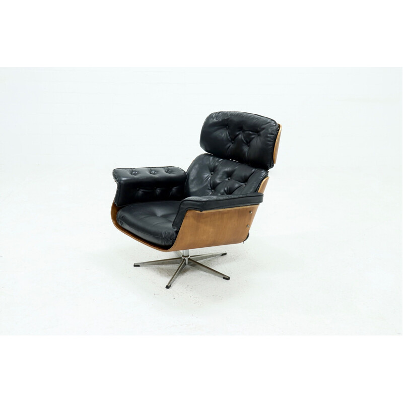Vintage teak and black skai armchair by Martin Stoll for Giroflex, Switzerland 1960s