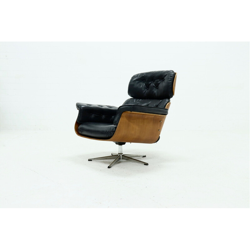 Vintage teak and black skai armchair by Martin Stoll for Giroflex, Switzerland 1960s