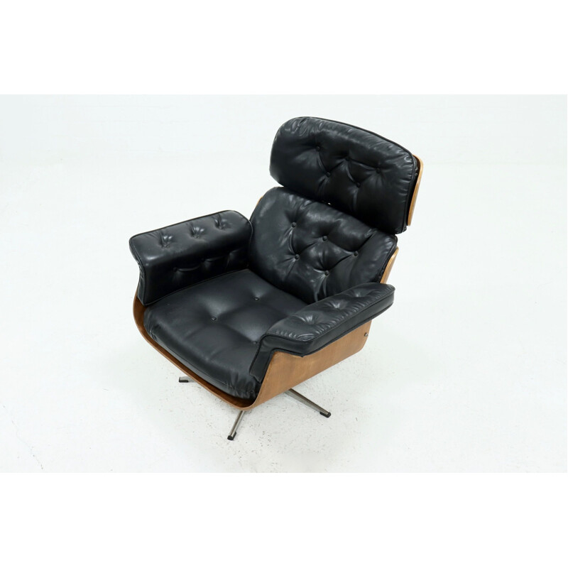 Fauteuil vintage en teck et skaï noir par Martin Stoll pour Giroflex, Suisse 1960