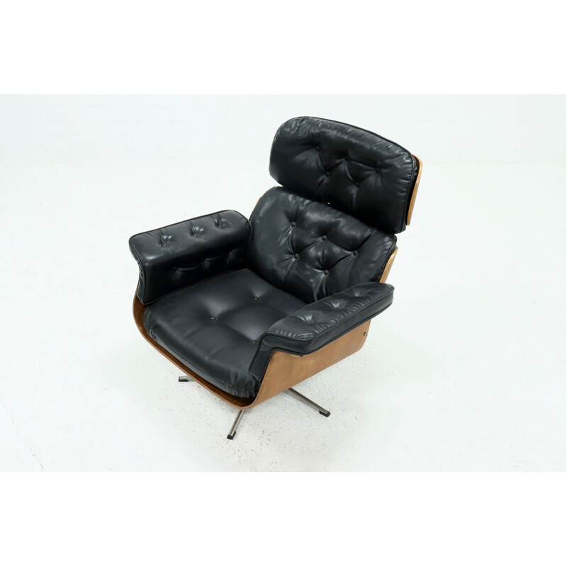 Vintage teak en zwart skai fauteuil van Martin Stoll voor Giroflex, Zwitserland 1960