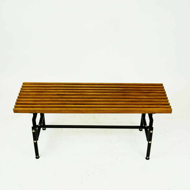 Italian mid century foldable teak and black lacquered steel bench, 1950s
