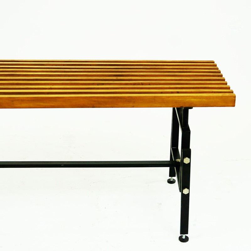 Italian mid century foldable teak and black lacquered steel bench, 1950s