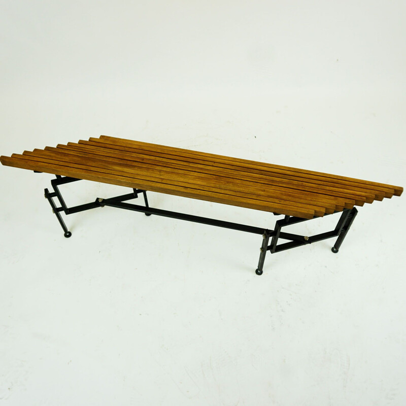 Italian mid century foldable teak and black lacquered steel bench, 1950s