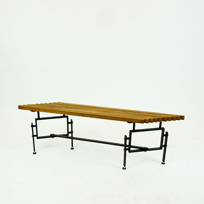 Italian mid century foldable teak and black lacquered steel bench, 1950s