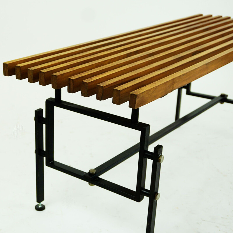 Italian mid century foldable teak and black lacquered steel bench, 1950s