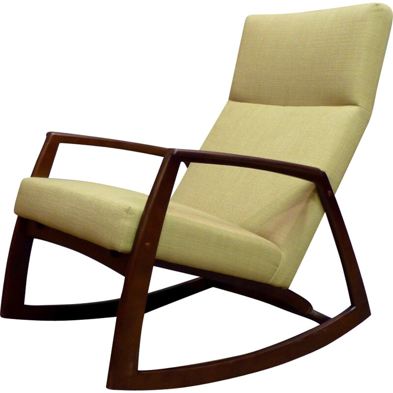 Rocking chair in walnut and yellow fabric - 1960s