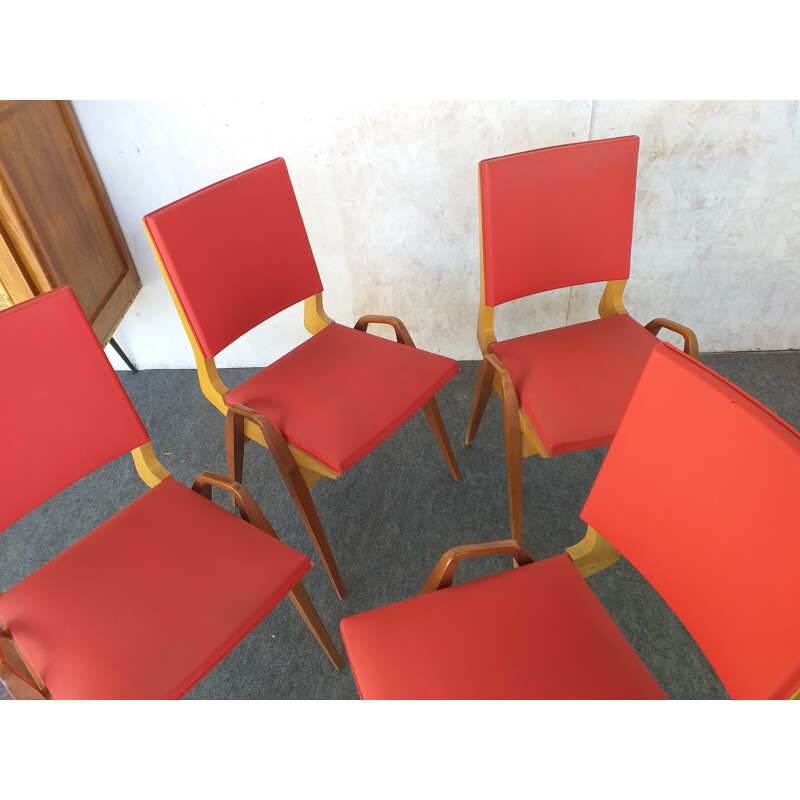 Set of 4 vintage wood and red skai chairs by Maurice Pré