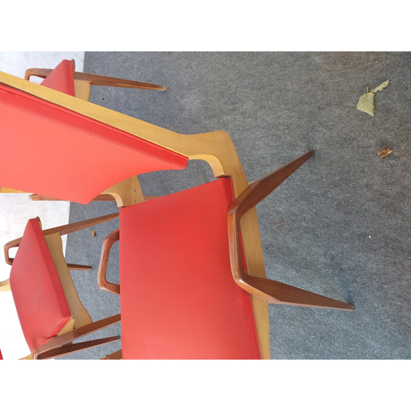 Ensemble de 4 chaises vintage en bois et skai rouge par Maurice Pré