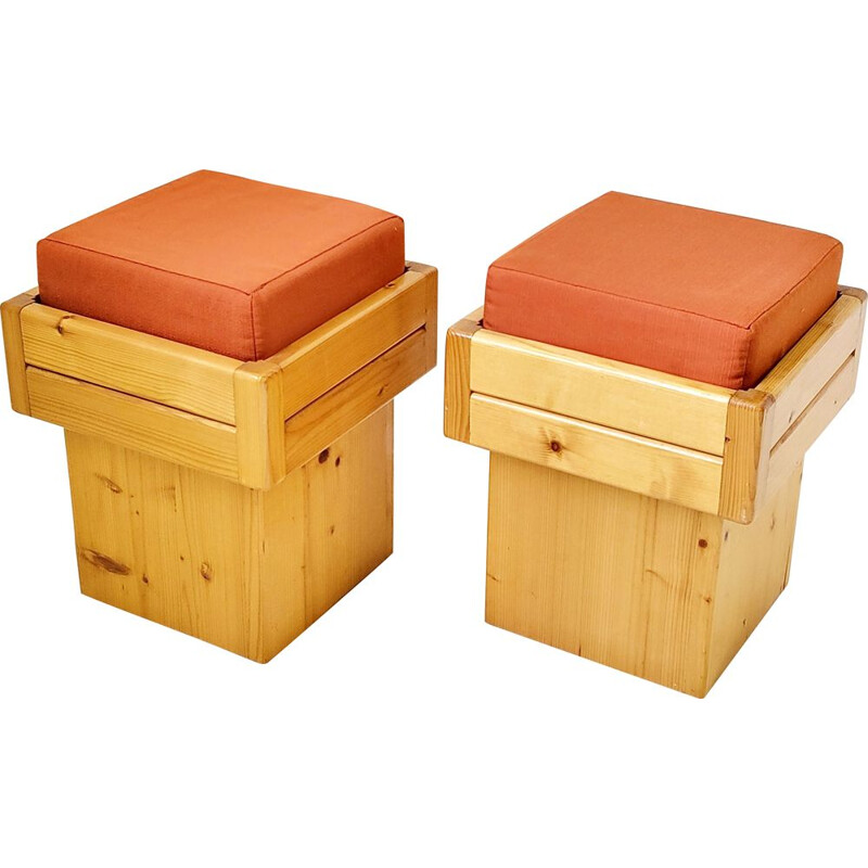 Pair of vintage pine poufs, 1970