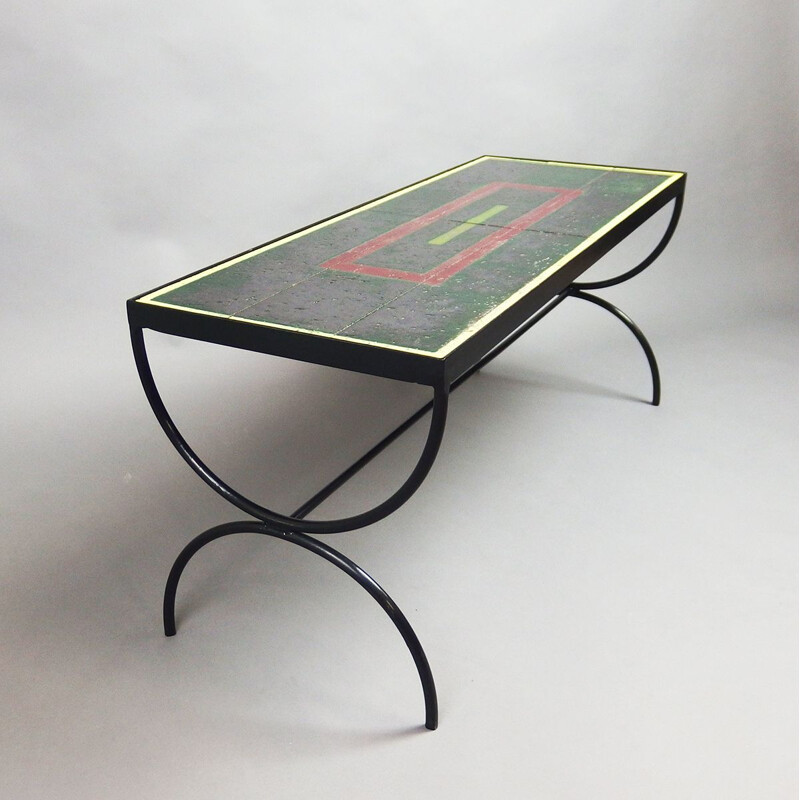 Vintage coffee table with steel frame by Adnet, 1950