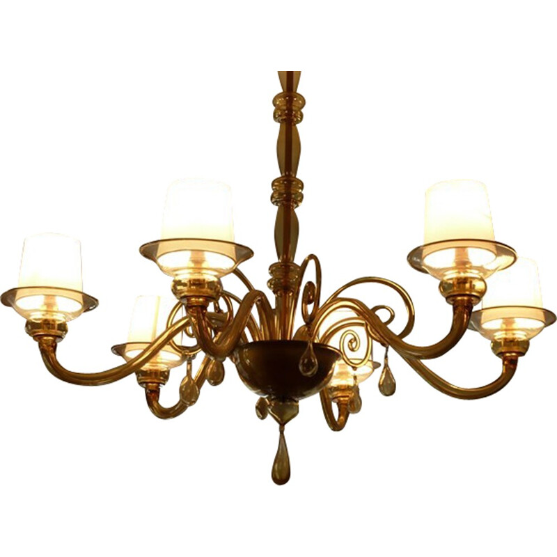 Big chandelier in amber Murano glass - 1930s