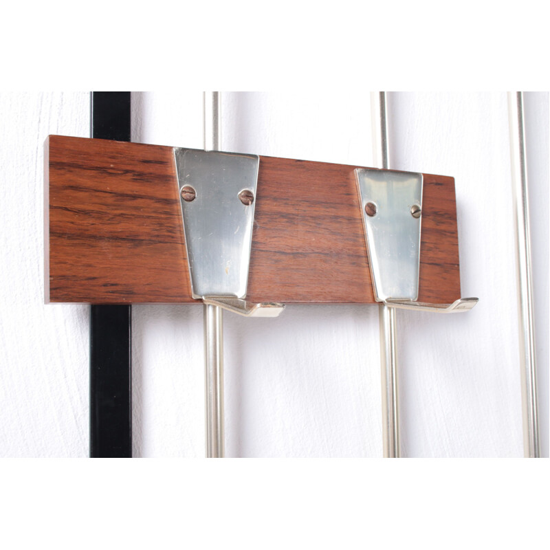 Vintage chrome and wooden wall coat rack with hat shelf, 1960s