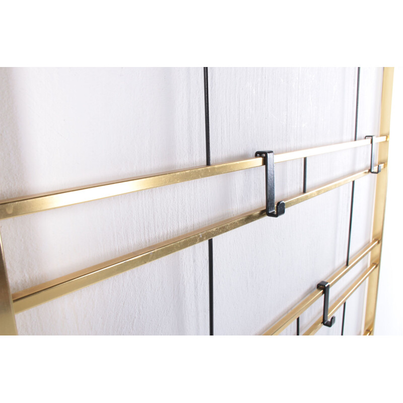 Vintage brass wall coat rack with hat shelf, 1960s