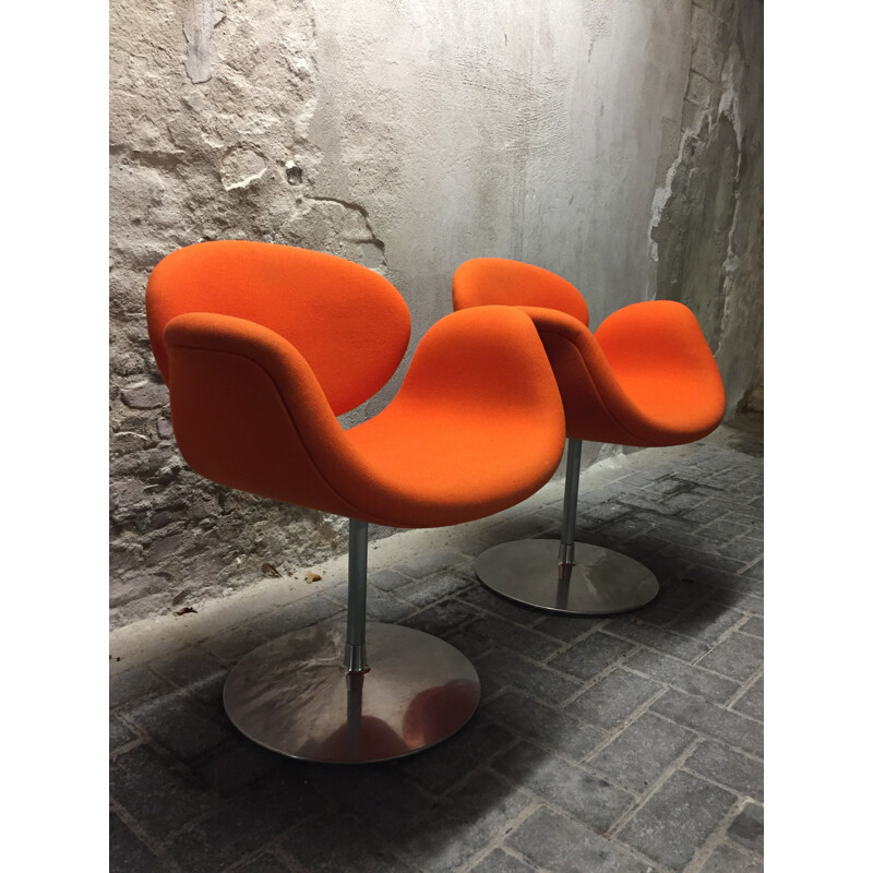 Pair of Artifort little "tulip" chairs in orange fabric, Pierre PAULIN - 1980s