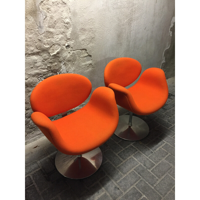 Pair of Artifort little "tulip" chairs in orange fabric, Pierre PAULIN - 1980s