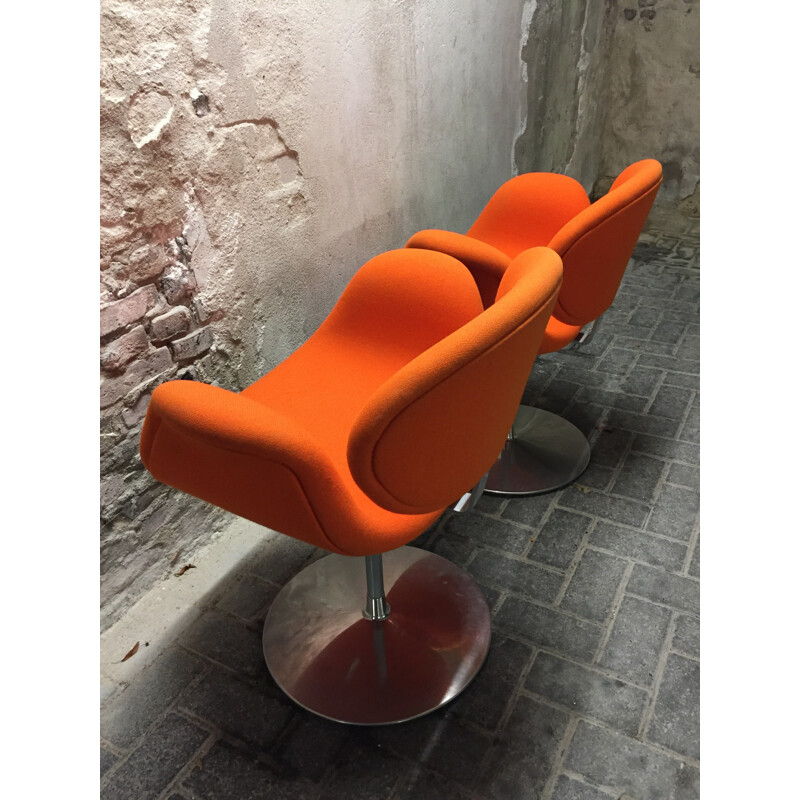 Pair of Artifort little "tulip" chairs in orange fabric, Pierre PAULIN - 1980s