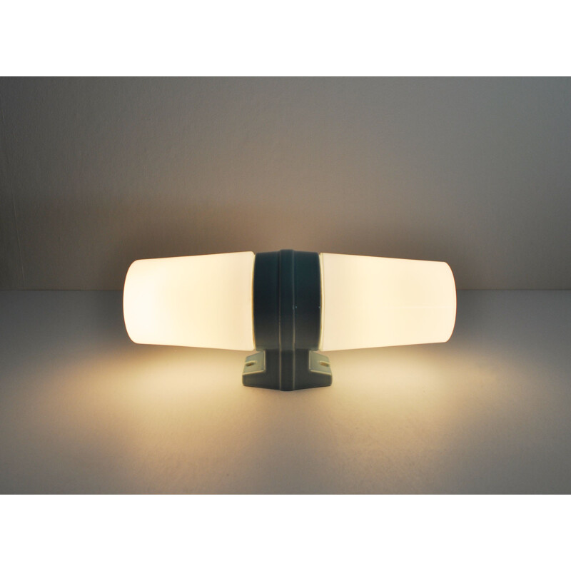 Scandinavian vintage opaline glass and porcelain wall lamp by Sigvard Bernadotte for Ifo, 1960