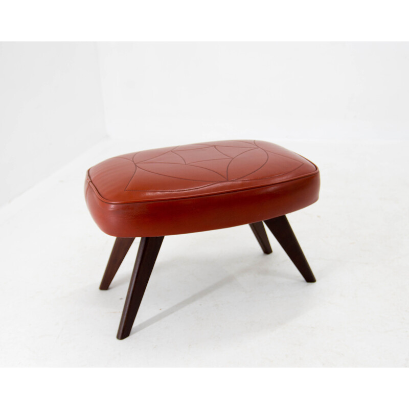 Vintage footrest in teak and red leather, Denmark 1960s