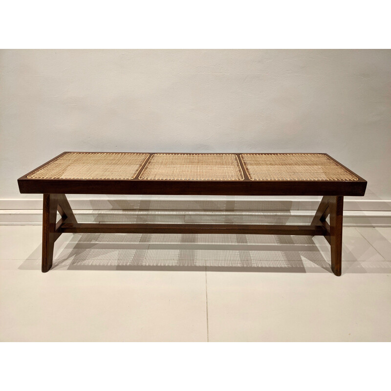 Vintage bench in solid teak and cane by Pierre Jeanneret, 1956