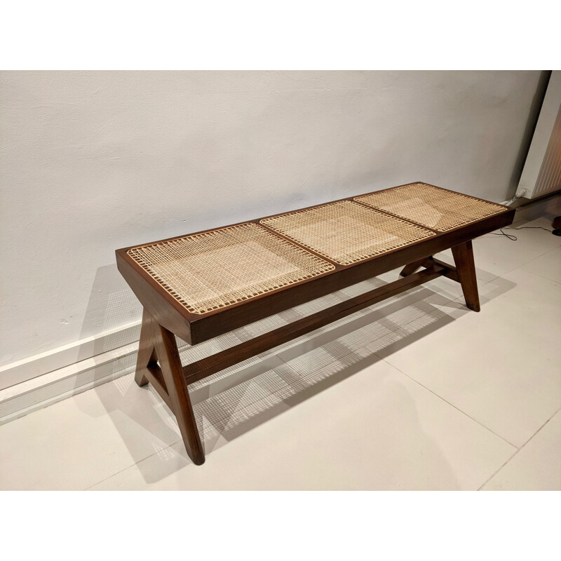 Banc vintage en teck massif et cannage de Pierre Jeanneret, 1956