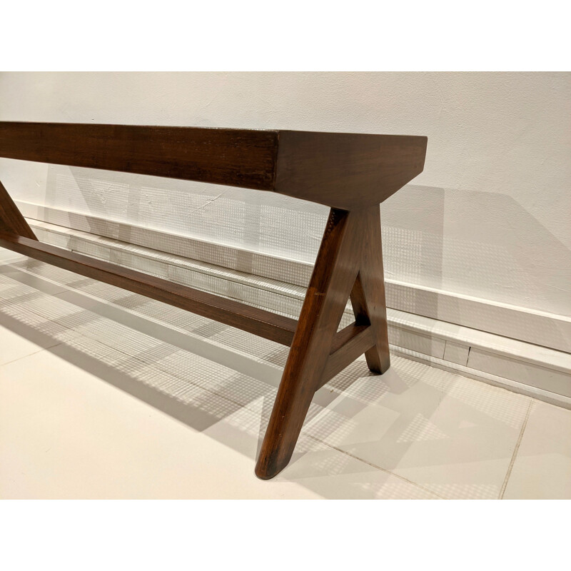 Banc vintage en teck massif et cannage de Pierre Jeanneret, 1956