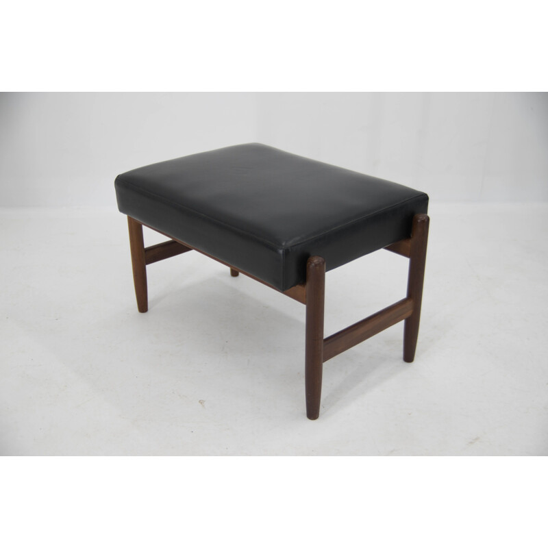 Vintage footrest in teak and black leather, Denmark 1960s