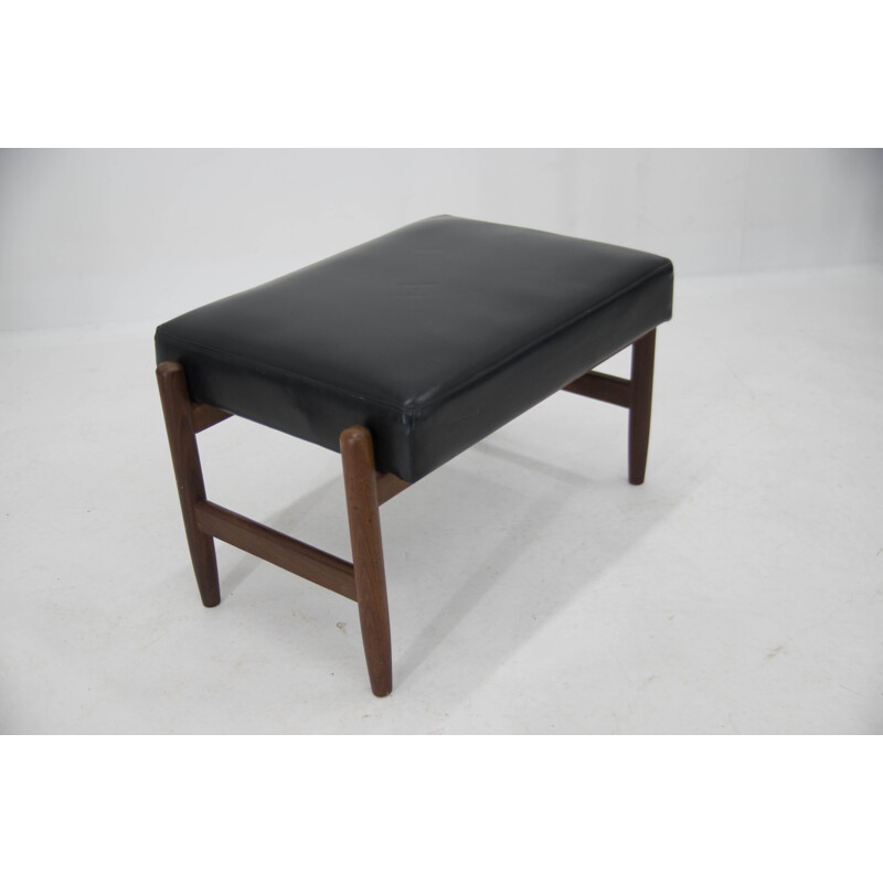 Vintage footrest in teak and black leather, Denmark 1960s