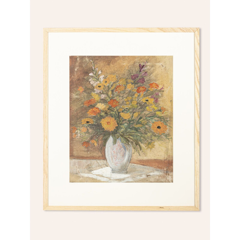 Vintage Art Deco watercolor "Flowers" on heavy paper, 1920