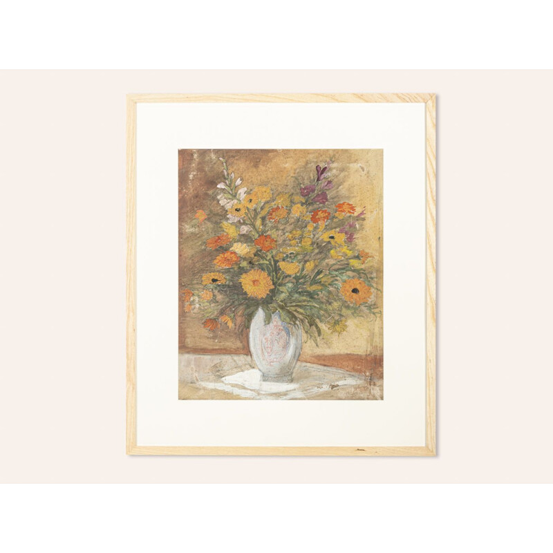 Vintage Art Deco watercolor "Flowers" on heavy paper, 1920