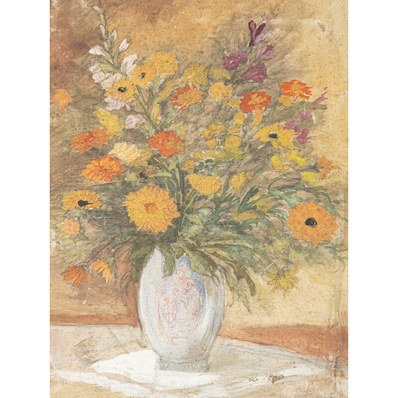 Acquerello Art Déco d'epoca "Fiori" su carta pesante, 1920