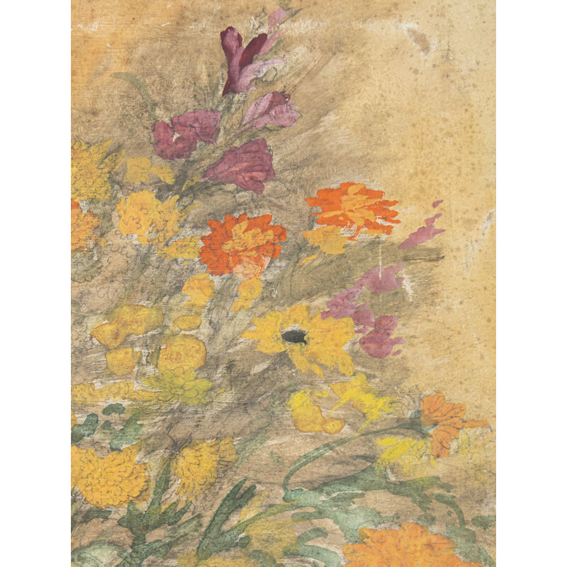 Aquarelle Art Déco vintage "Fleurs" sur papier épais, 1920