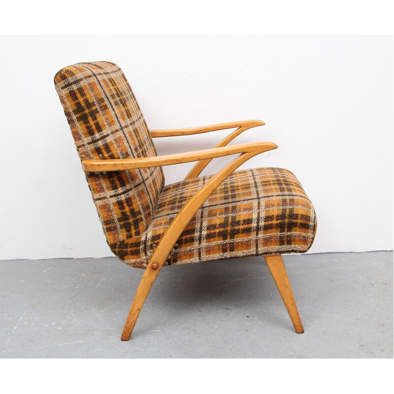 Mid-century armchair in orange and brown fabric - 1950s