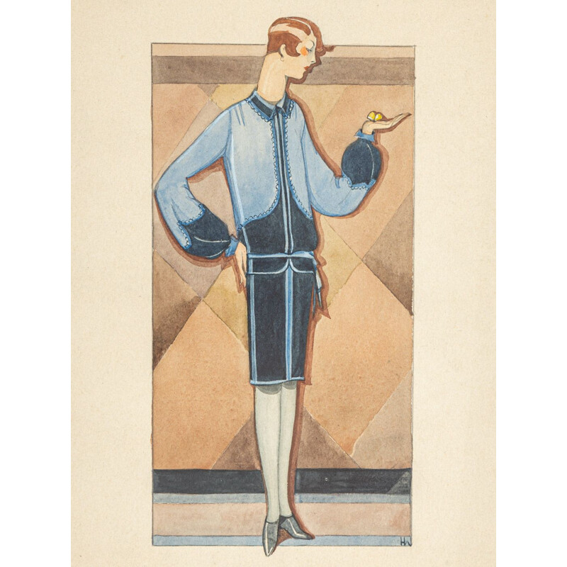 Gouache on vintage paper fashion illustration, 1920