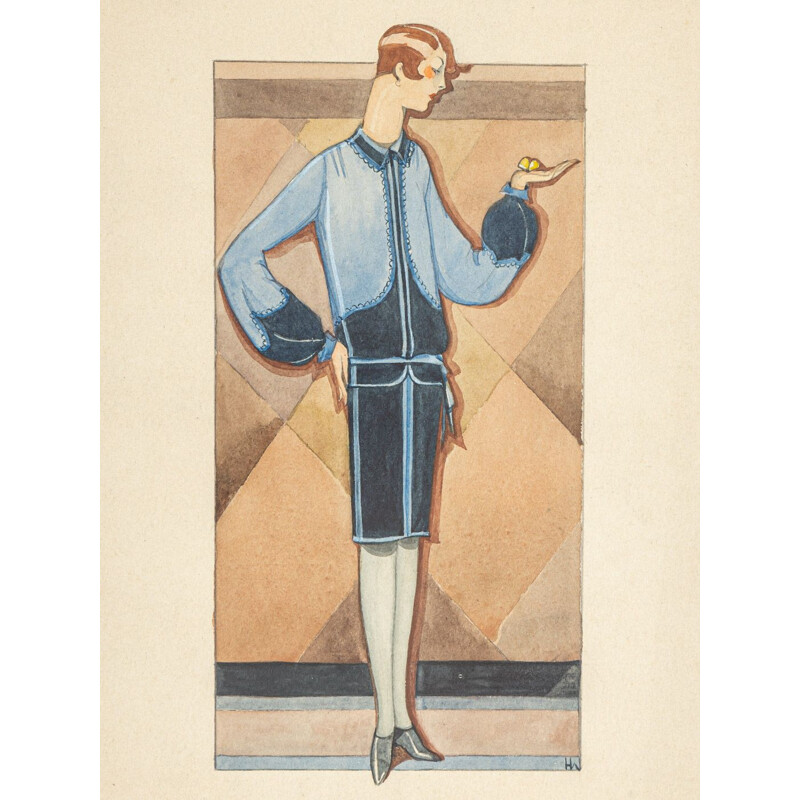 Illustrazione di moda a guazzo su carta d'epoca, 1920