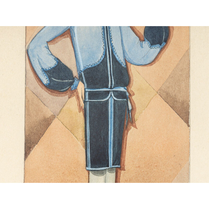 Gouache sobre ilustração de moda em papel vintage, 1920