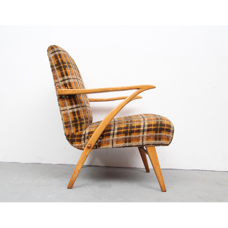 Mid-century armchair in orange and brown fabric - 1950s