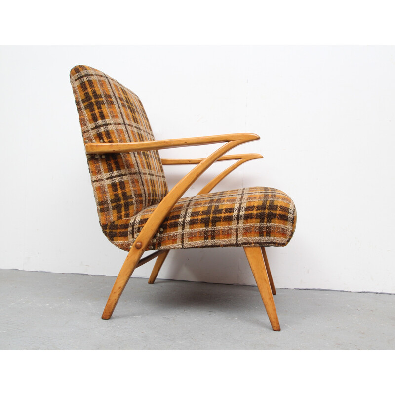 Mid-century armchair in orange and brown fabric - 1950s