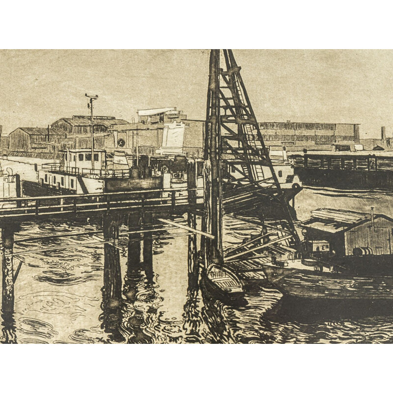BW Gravur auf Vintage-Papier von Kleines Hafenbecken