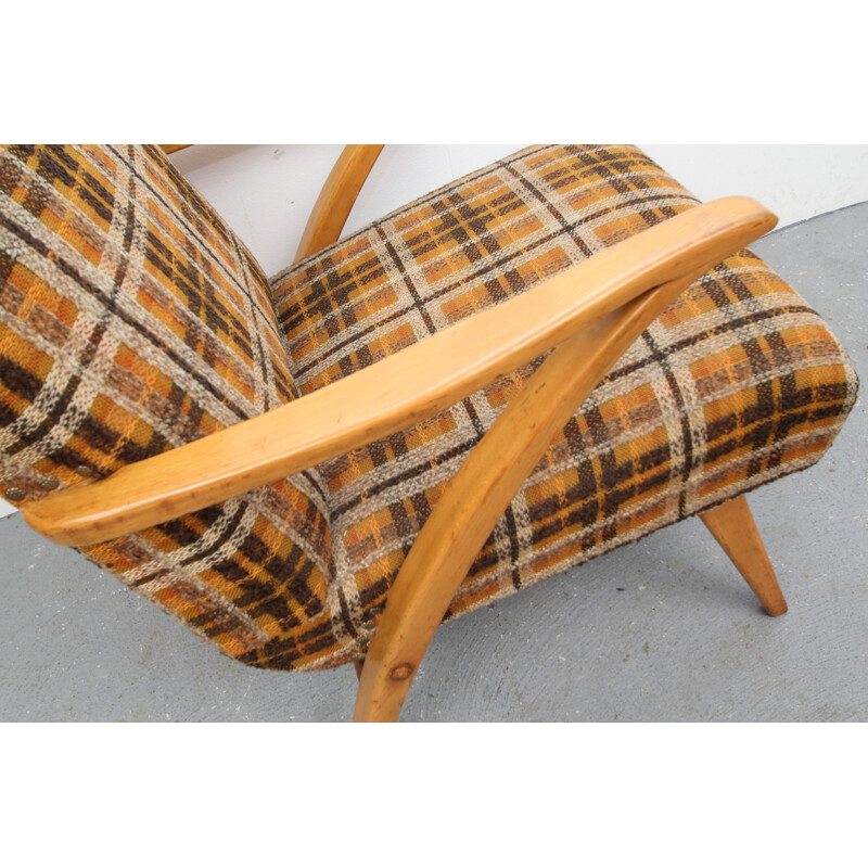 Mid-century armchair in orange and brown fabric - 1950s