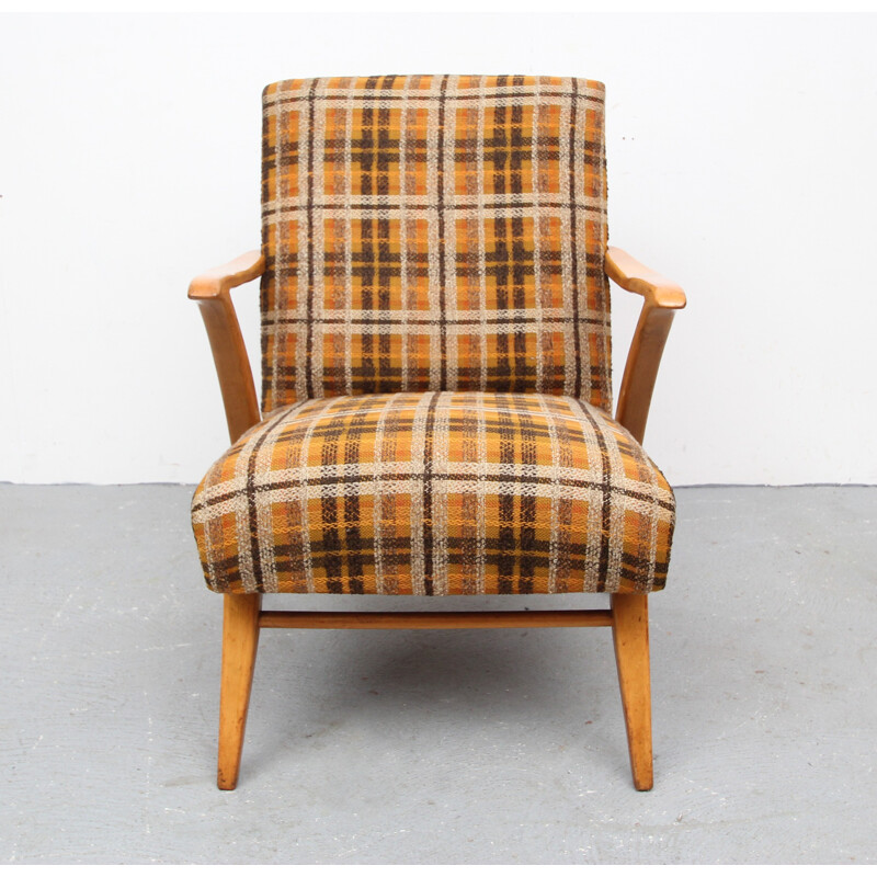 Mid-century armchair in orange and brown fabric - 1950s