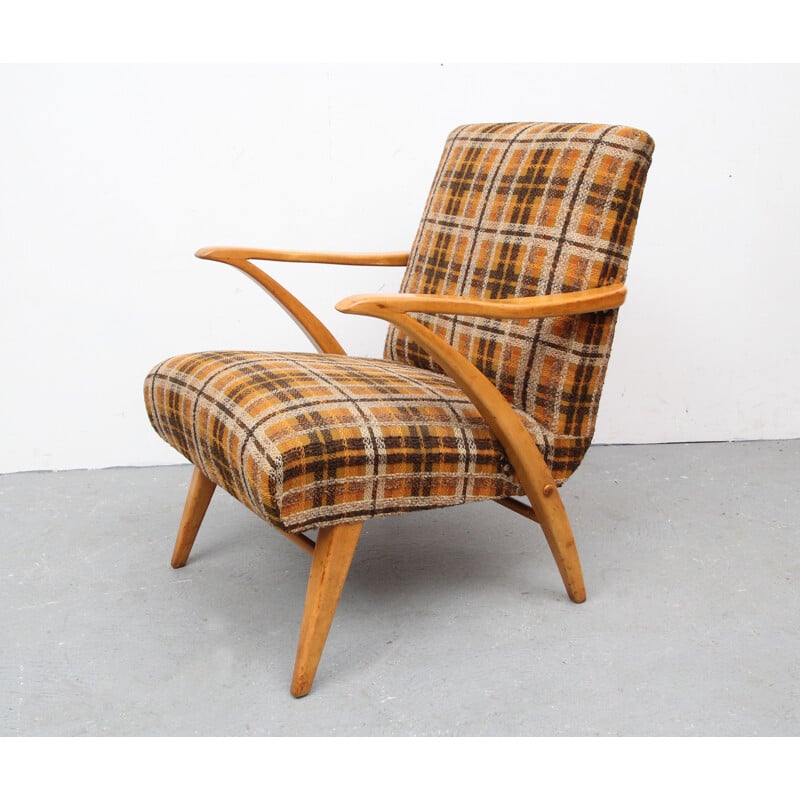 Mid-century armchair in orange and brown fabric - 1950s