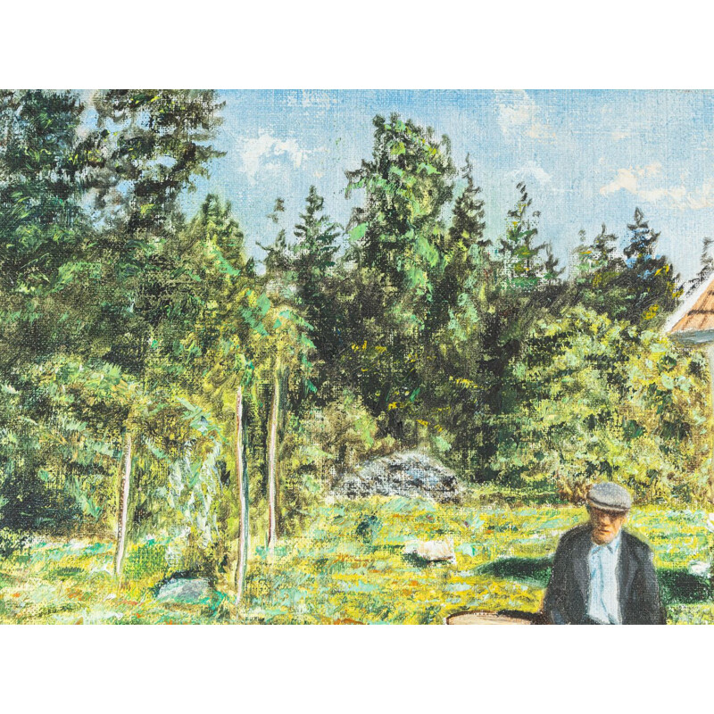 Huile sur toile vintage "Ferme suédoise" 50 x 42 cm 