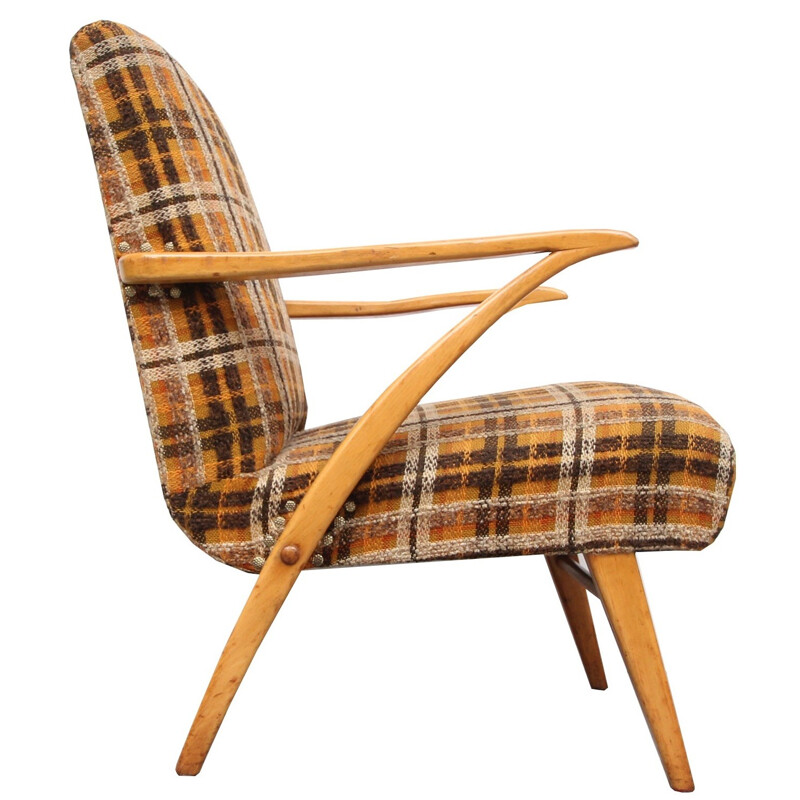 Mid-century armchair in orange and brown fabric - 1950s