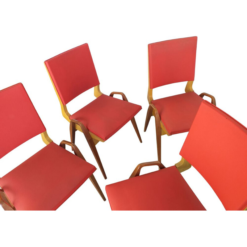 cruise Pessimist toevoegen aan Set van 4 vintage stoelen in hout en rood skai van Maurice Pré