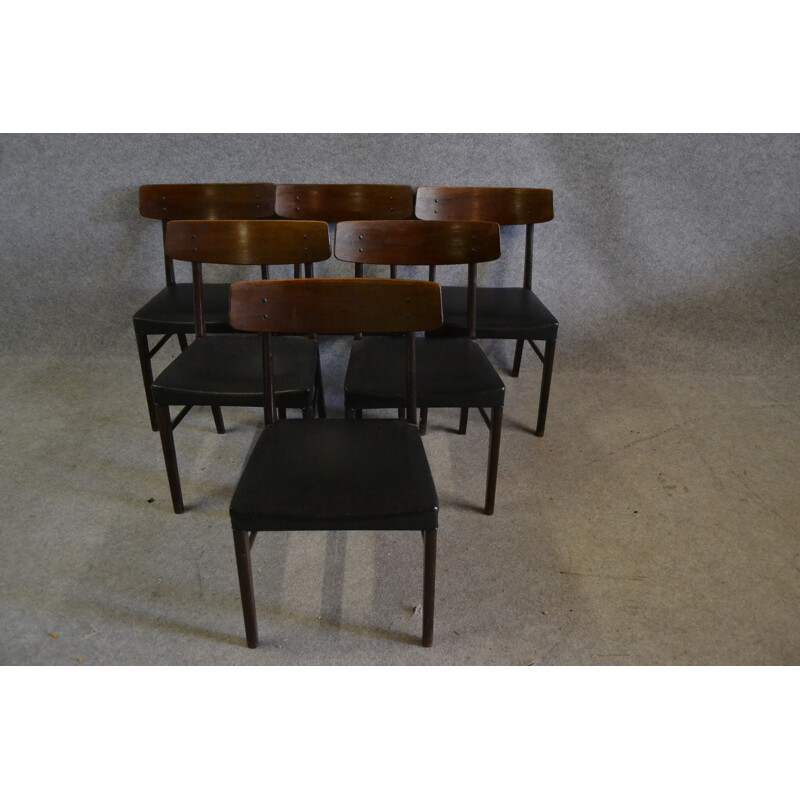 Suite de 6 chaises scandinave en palissandre et simili cuir noir - 1950