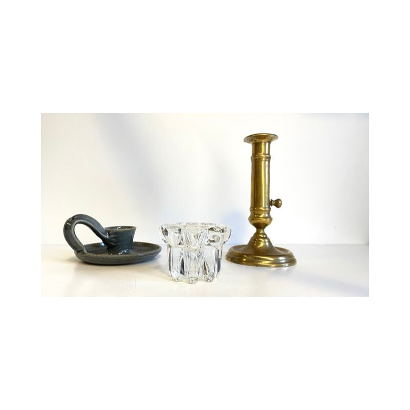 Set of three vintage brass and crystal candle holders
